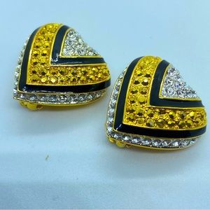 Vintage Joan Rivers Gold Black Pave Crystal Heart Shape Clip Earrings